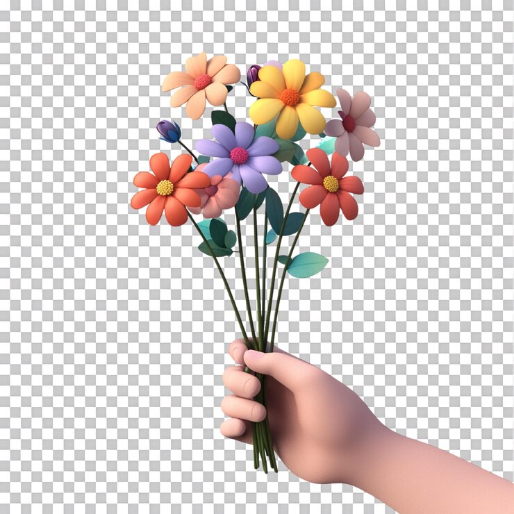 PSD flores sostenidas en una mano contra un fondo transparente para materiales relacionados con regalos de contenido floral o ilustraciones de personajes