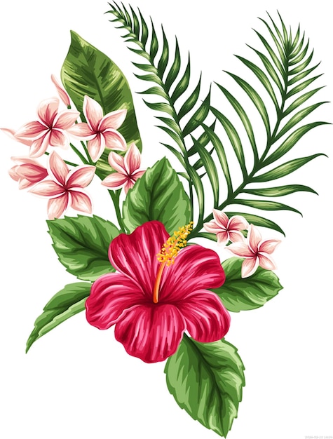 PSD flores tropicais desenho de flores e folhas pétalas rosas tropicais ilustração de flores arranjamento png