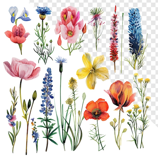 Flores variadas Aquarela Graffiti floral Desenho desenhado à mão