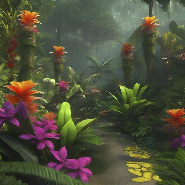 Florestas tropicais com flores coloridas pela manhã em estilo impressionista aigenerated