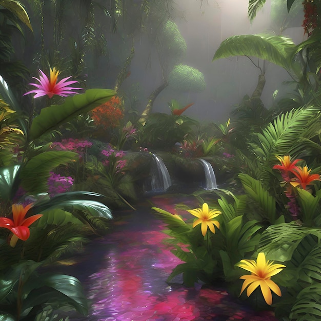 PSD florestas tropicais com flores coloridas pela manhã em estilo impressionista aigenerated