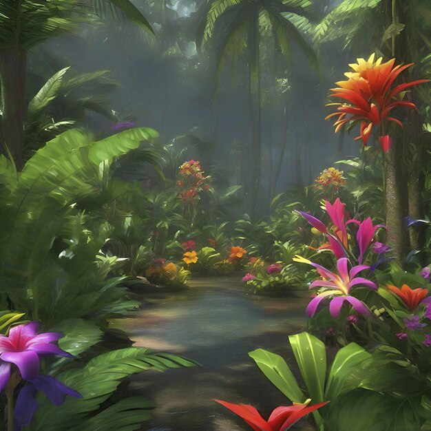 PSD florestas tropicais com flores coloridas pela manhã em estilo impressionista aigenerated