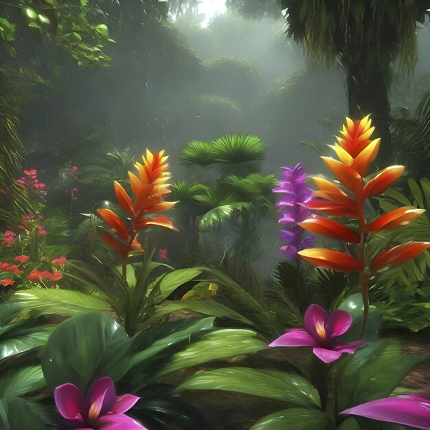 PSD florestas tropicais com flores coloridas pela manhã em estilo impressionista aigenerated