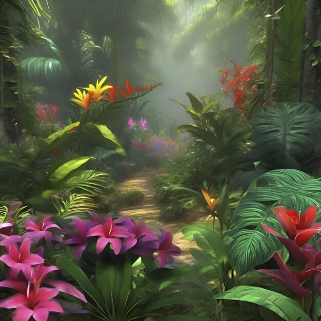 PSD florestas tropicais com flores coloridas pela manhã em estilo impressionista aigenerated