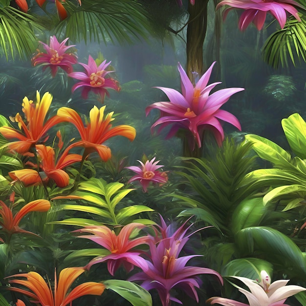 PSD florestas tropicais com flores coloridas pela manhã em estilo impressionista aigenerated