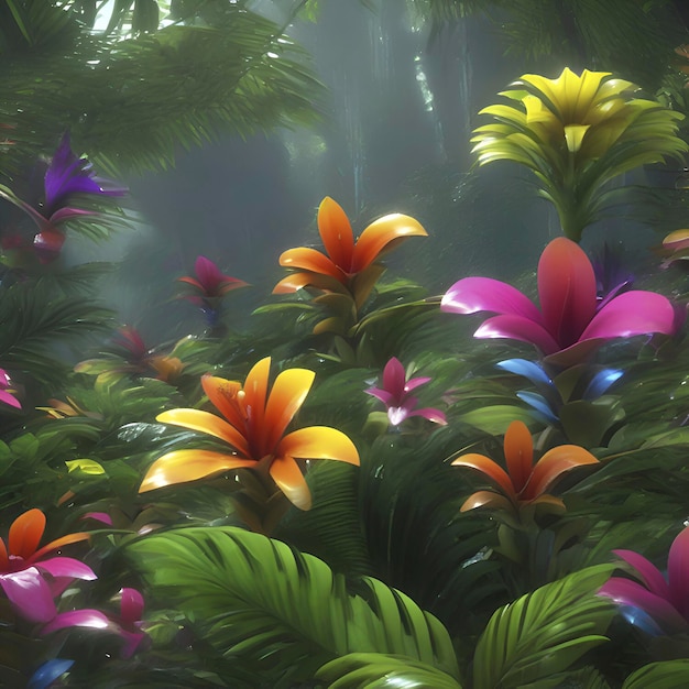 Florestas tropicais com flores coloridas pela manhã em estilo impressionista aigenerated