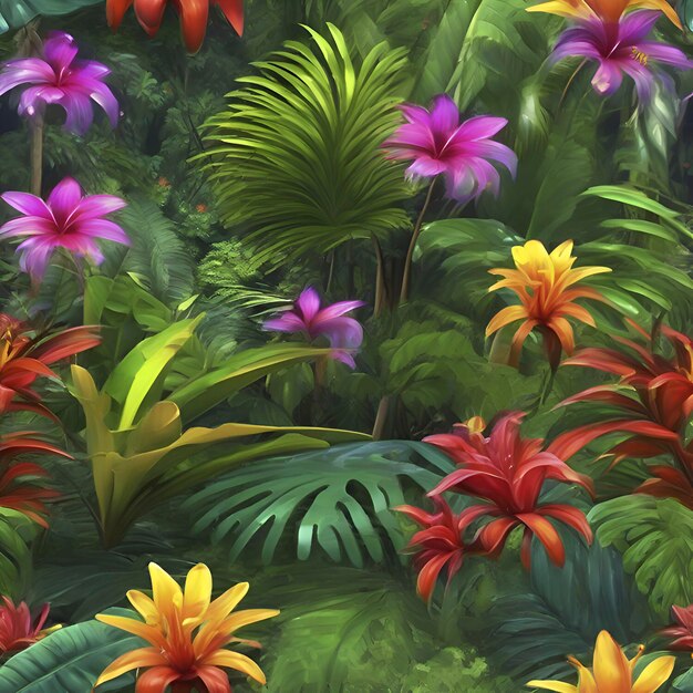 PSD florestas tropicais com flores coloridas pela manhã em estilo impressionista aigenerated