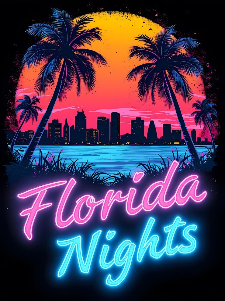 PSD florida nights neon skyline e vibes tropicais
