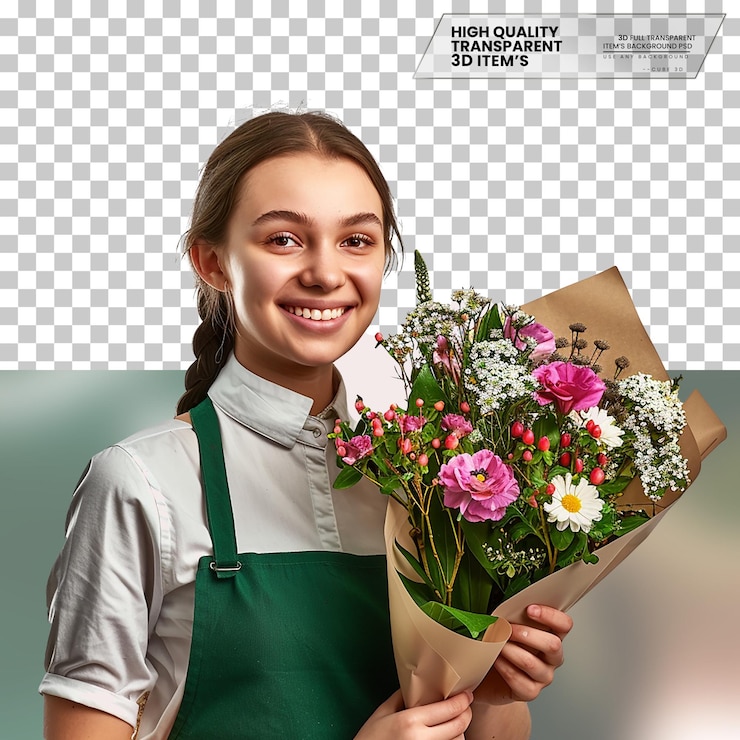 PSD florista realista con una sonrisa alegre sobre un fondo transparente