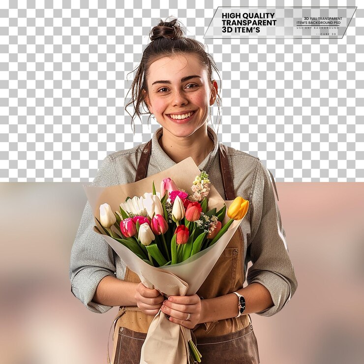 PSD florista realista con una sonrisa alegre sobre un fondo transparente