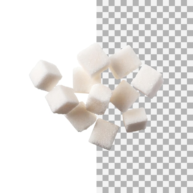 Flotación de cubos de azúcar blanco sin sombra isolado fondo transparente