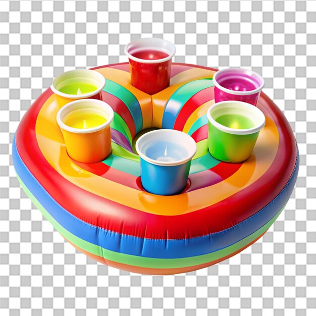 Flotador de piscina inflable colorido con múltiples portadores de copas aislados en un fondo transparente