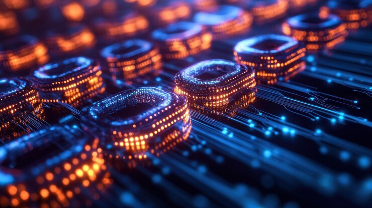 PSD flujo de datos digitales brillantes abstractos con filas de cubos iluminados conectados por líneas brillantes