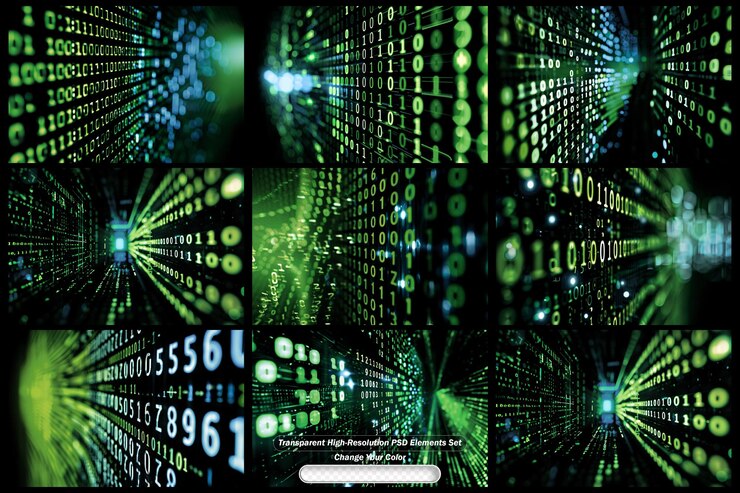 PSD flujo de datos digitales modernos y conjunto de código binario con elementos de transparencia para proyectos creativos
