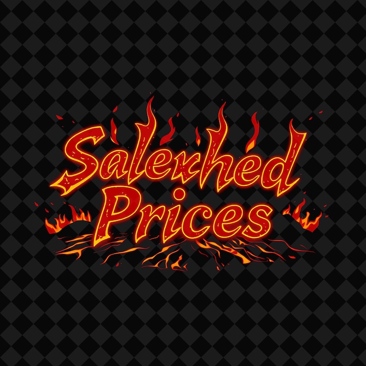 PSD flujo de lava redujo los precios texto quema con neón rojo y naranja vibrante brillo fundido paisaje volcánico