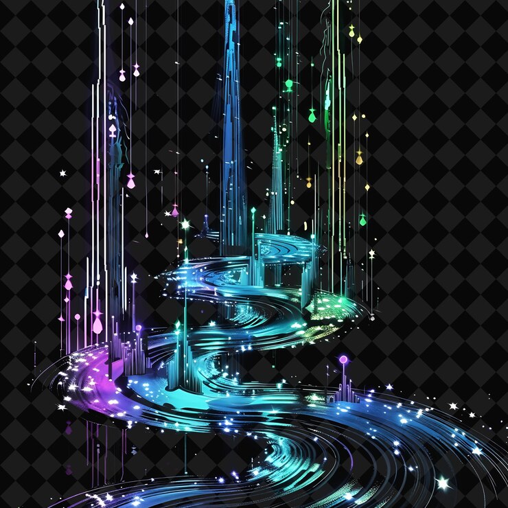 PSD los flujos submarinos de neón brillantes en una silueta ondulada vertical png y2k océano de colecciones de luz