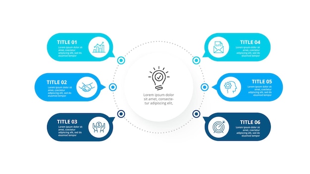 Flussdiagramm-Infografik mit 6 abgerundeten Elementen Konzept von sechs Phasen des Geschäftsprojekts