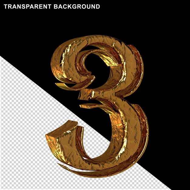 Fluted gold digits left side view 3d number 3