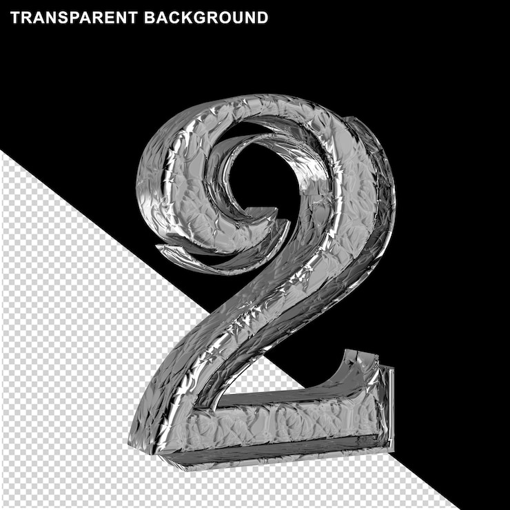 PSD fluted silver numerals left side view 3d number 2