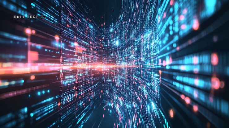 PSD un flux de données numériques abstraits, des lignes lumineuses et du code binaire formant un tunnel futuriste.