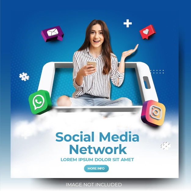 PSD flux de publication de marketing de médias sociaux bleu dynamique avec 3 icônes