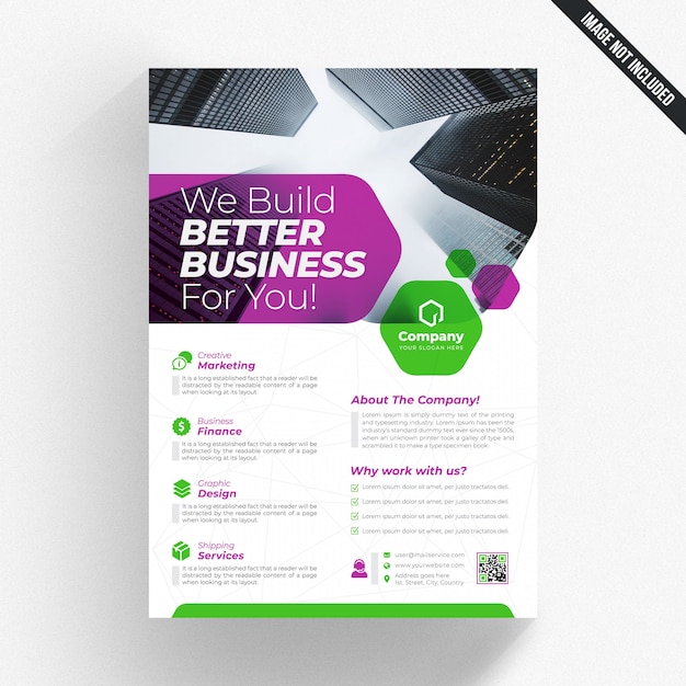 Flyer blanc avec des détails verts et violets