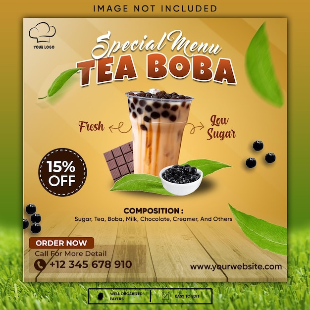 UN FLYER CARRÉ TEA BOBA AVEC IMAGE TEA BOBA DESSUS