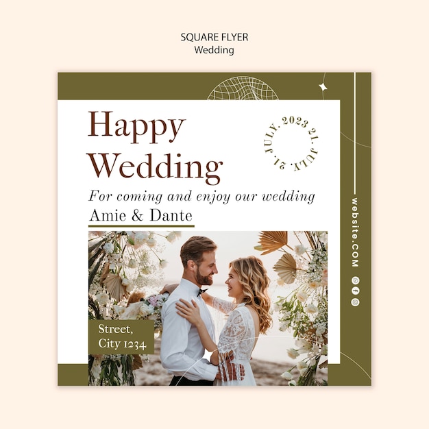 Flyer carré de célébration de mariage design plat