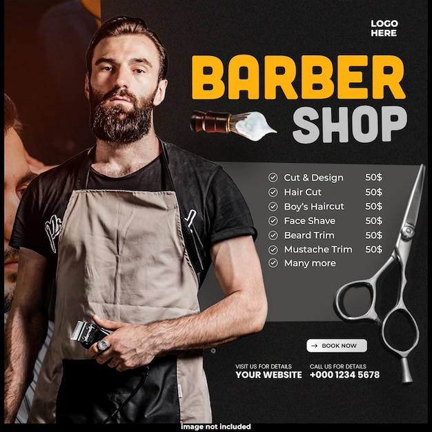 Flyer cuadrado para redes sociales de peluquería e invitación para publicación de corte de pelo en Instagram