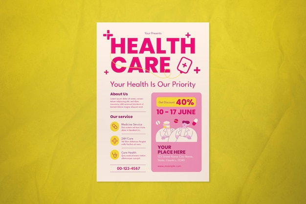 PSD flyer de cuidado de la salud de diseño plano rosa
