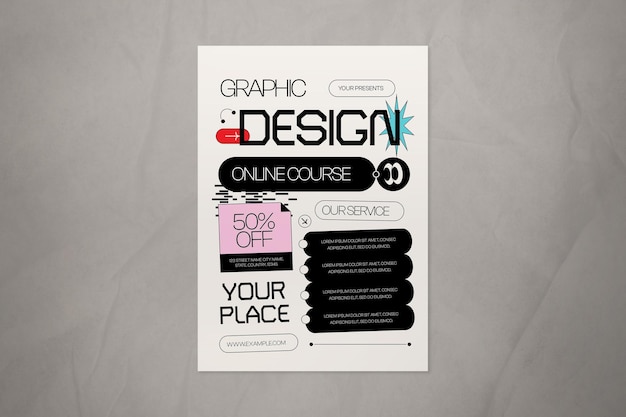 Flyer del curso en línea de diseño gráfico neo-brutalismo gris