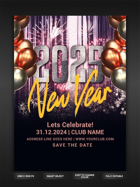 Flyer da festa de celebração do Ano Novo 2025