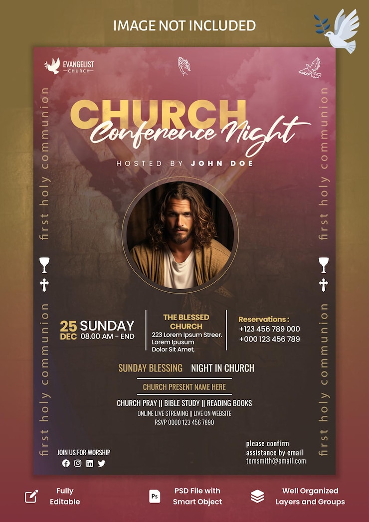 PSD flyer de conferência de igreja postagem de mídia social e projeto de modelo de banner da web