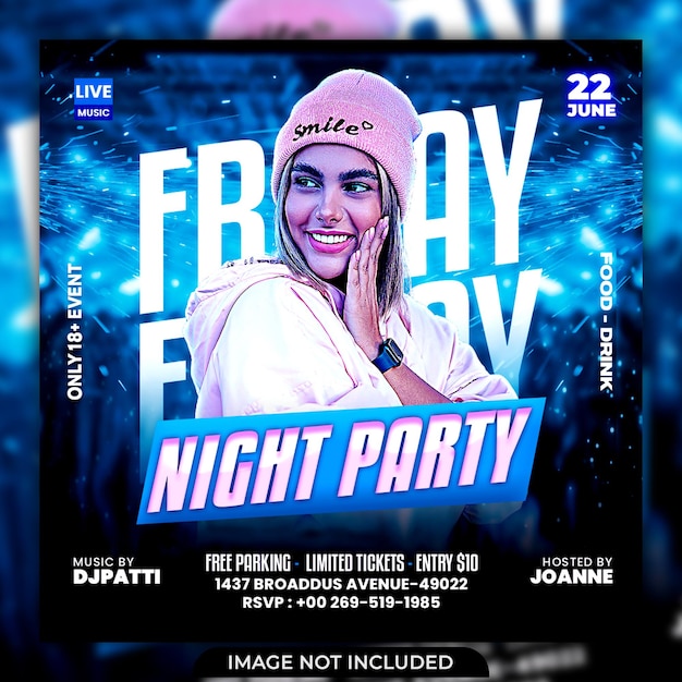 Flyer della festa notturna del DJ club e modello di post sui social media