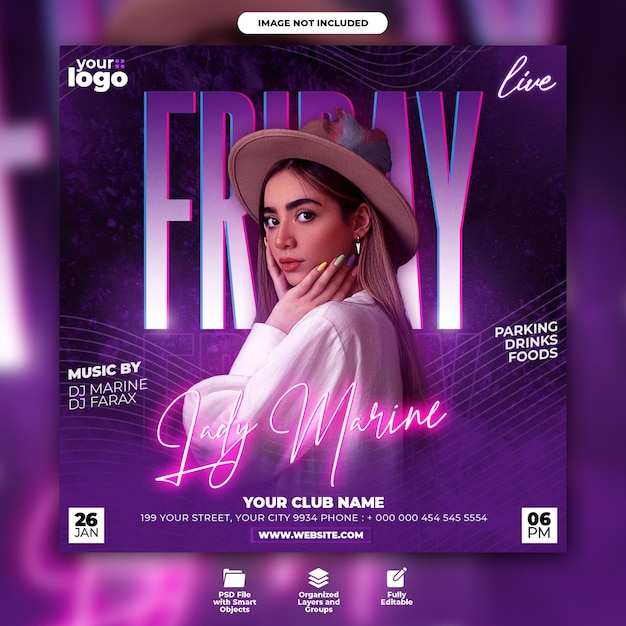 Flyer della festa notturna del DJ club e modello di post sui social media