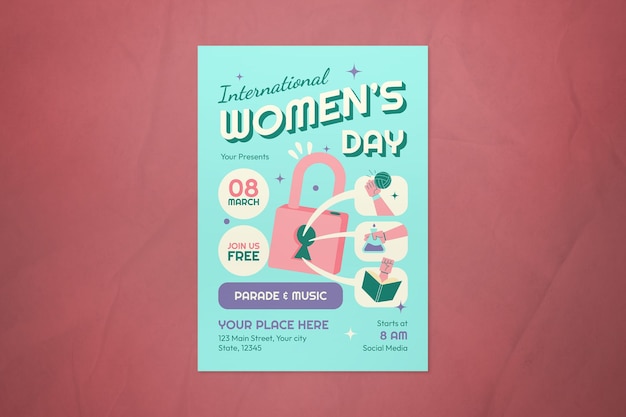 Flyer der blauen flachen design-internationalen frauen tages