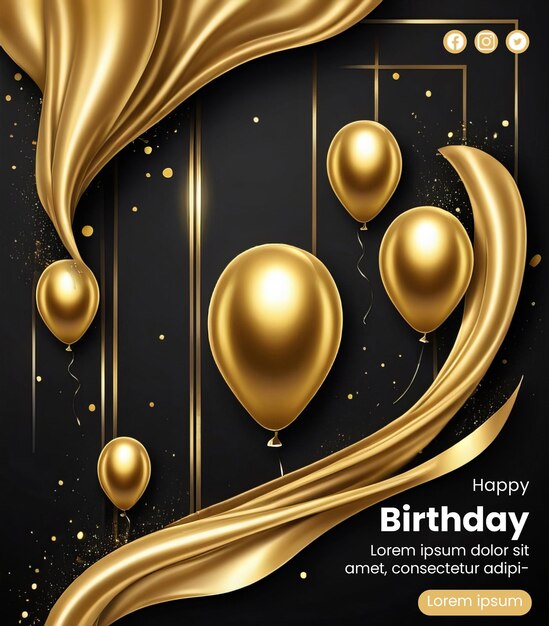 PSD flyer design with gold balloon and curtain illustration