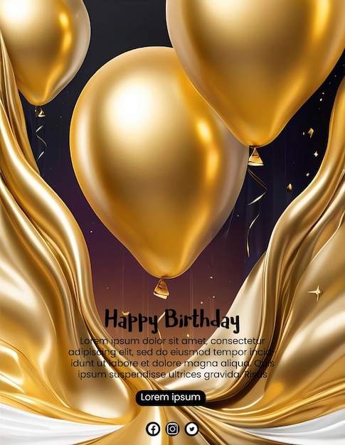 PSD flyer design with gold balloon and curtain illustration