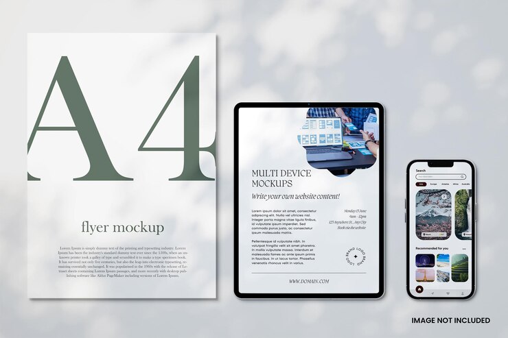 Flyer di carta A4 con dispositivo tablet e smartphone Mockup con ombra realistico