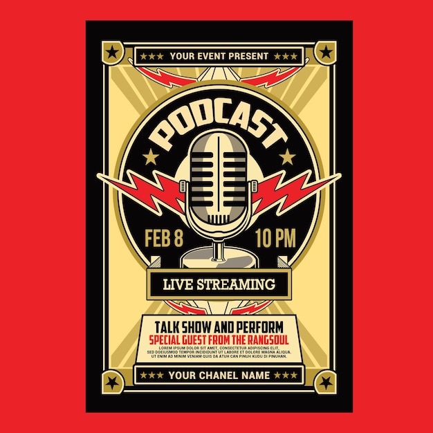 PSD flyer de diffusion en direct du podcast rétro