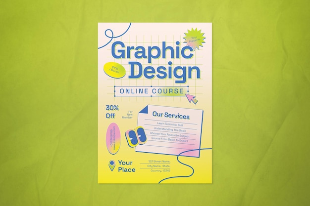 Flyer du cours en ligne de design graphique néo-brutalisme jaune