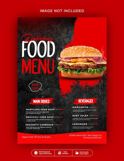 Flyer du menu de la nourriture délicieuse