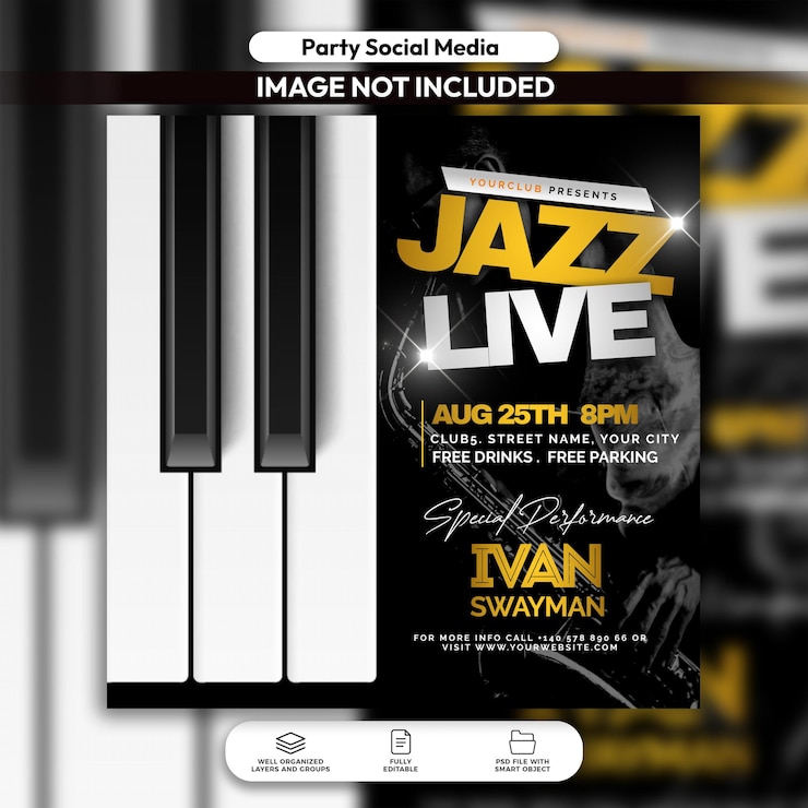 PSD flyer d'événement en direct de jazz psd et modèle de publication sur les réseaux sociaux