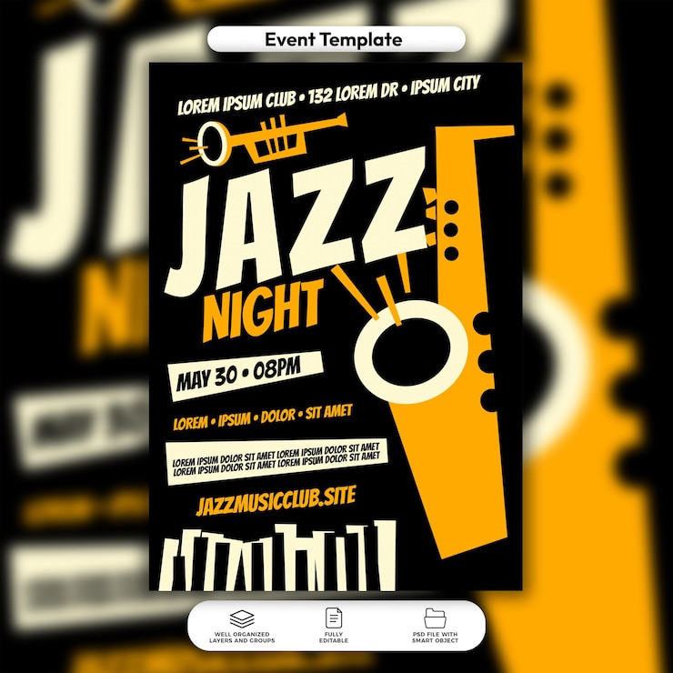 PSD flyer d'événement psd jazz night et modèle de publication sur les réseaux sociaux