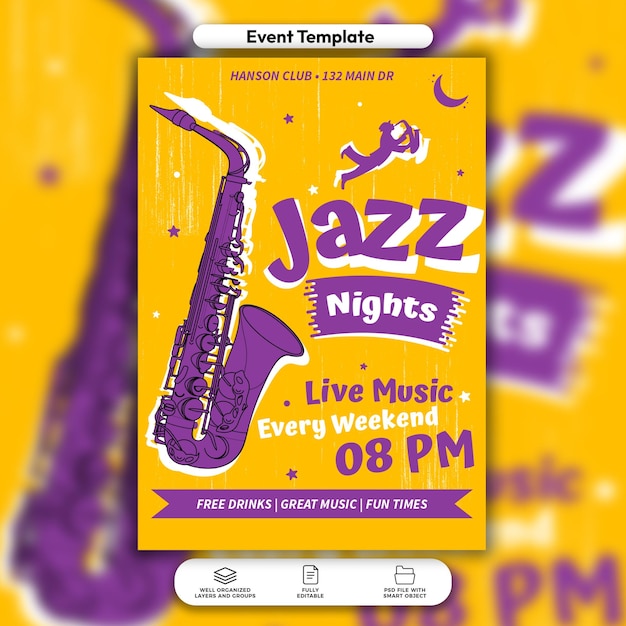 PSD flyer d'événement psd jazz night et modèle de publication sur les réseaux sociaux