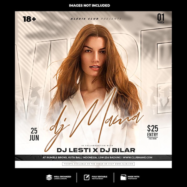 Flyer de la fête du DJ du club, message sur les réseaux sociaux et bannière web