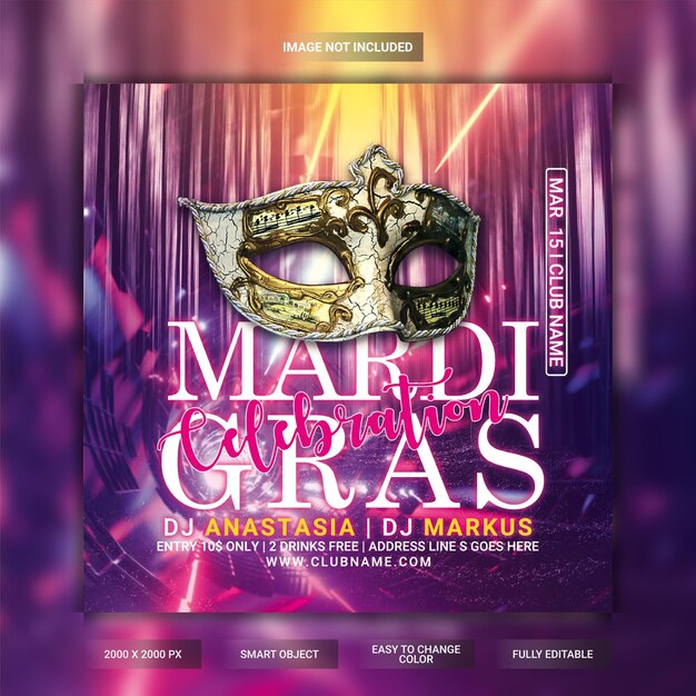 PSD flyer de la fête du mardi gras