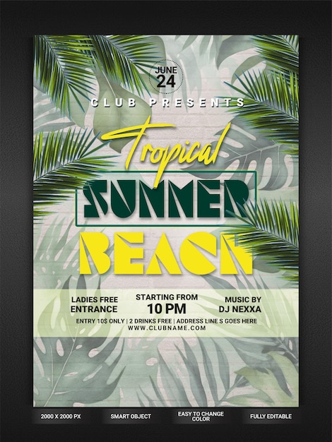 Flyer de fête sur la plage d'été tropicale