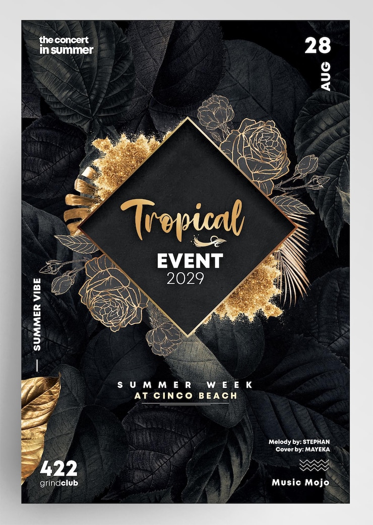 PSD flyer fiesta de evento de invitación tropical dorada elegante