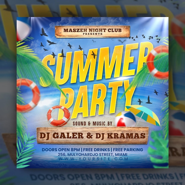 Flyer de la fiesta de verano o plantilla de publicación en las redes sociales